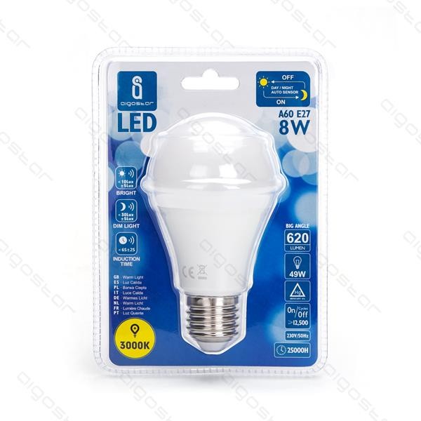 Żarówka LED Aigostar E27A5S sensor ZMIERZCHU 8W WW