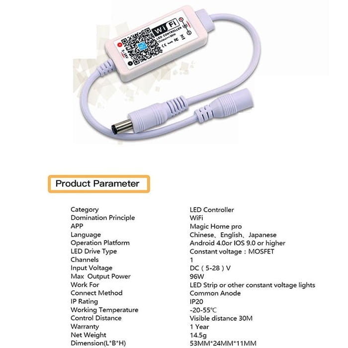 Kontroler mini WiFi sterownik LED mono 96W SMART DC