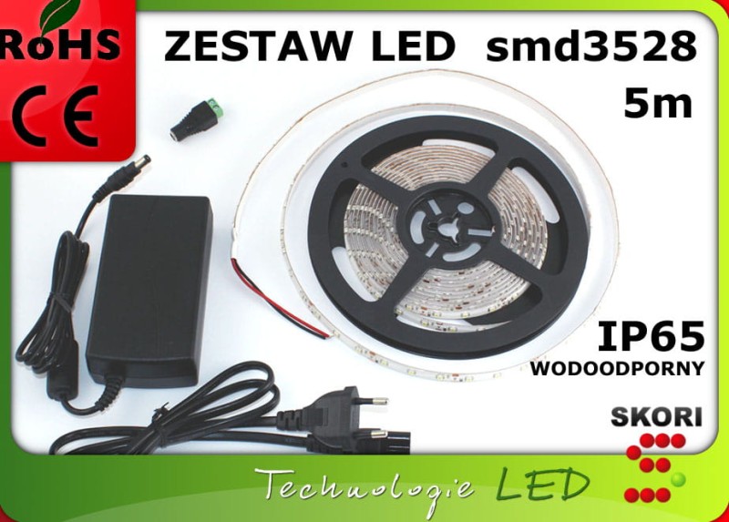 Zestaw wodoodporna taśma LED 5m 300 LED SMD3528 komplet zasilacz