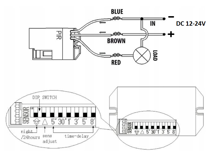 Czujnik ruchu z zewnętrznym sensorem DC 12/24V - PIR 360° - ID-0055