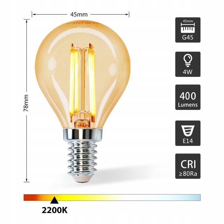 Żarówka LED G45 AMBER 4W Filament E14 2200K Aigostar BOX
