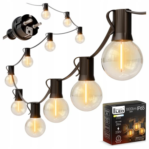 Girlanda Ogrodowa Świetlna 20M 20X Żarówka LED 1W Łańcuch + gratis 2X E12